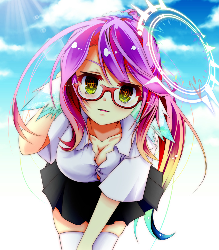 1girl arm_behind_head black_skirt blue_sky blush breasts cleavage cross day glasses gradient_eyes gradient_hair hair_ornament hair_scrunchie halo highres jibril_(no_game_no_life) large_breasts leaning_forward long_hair looking_at_viewer magic_circle mimi0846 multicolored multicolored_eyes multicolored_hair no_game_no_life orange_eyes parted_lips pink_hair scrunchie shirt skirt sky solo symbol-shaped_pupils thigh-highs very_long_hair white_legwear white_shirt wing_ears yellow_eyes zettai_ryouiki