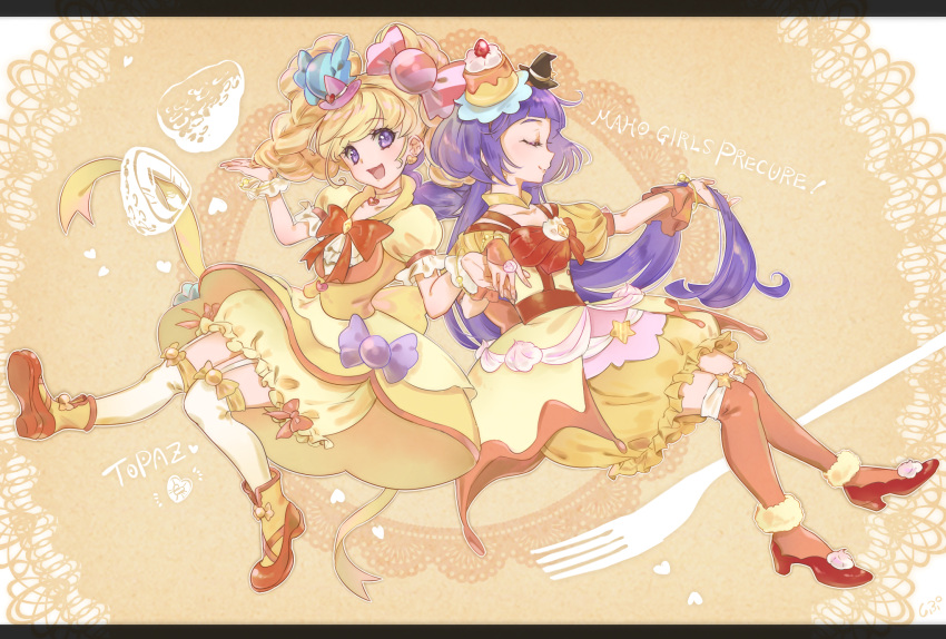 2girls asahina_mirai bangs blonde_hair bloomers blunt_bangs bow braid brown_background candy_hair_ornament choker closed_eyes closed_mouth commentary copyright_name cure_magical cure_miracle dress earrings food food_themed_hair_ornament fork fruit full_body hair_ornament hand_holding hat heart heart_choker heart_earrings high_heels highres holding holding_hair izayoi_liko jewelry long_hair magical_girl mahou_girls_precure! mini_hat mini_witch_hat multiple_girls open_mouth orange_footwear orange_legwear over-kneehighs pink_headwear precure puffy_short_sleeves puffy_sleeves purple_hair red_bow red_footwear shipu_(gassyumaron) short_sleeves smile strawberry thigh-highs topaz_style twin_braids underwear violet_eyes white_legwear witch_hat wrist_cuffs yellow_dress