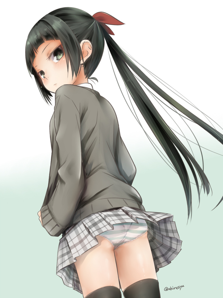 1girl akino_shuu ass bangs black_hair black_legwear blush closed_mouth commentary_request from_below gradient gradient_background green_background green_eyes grey_sweater hair_ribbon highres iroha_natsume long_hair long_sleeves looking_at_viewer looking_back original panties plaid plaid_skirt pleated_skirt ponytail red_ribbon ribbon sidelocks skirt sleeves_past_wrists solo striped striped_panties sweater thigh-highs twitter_username underwear very_long_hair white_background white_skirt
