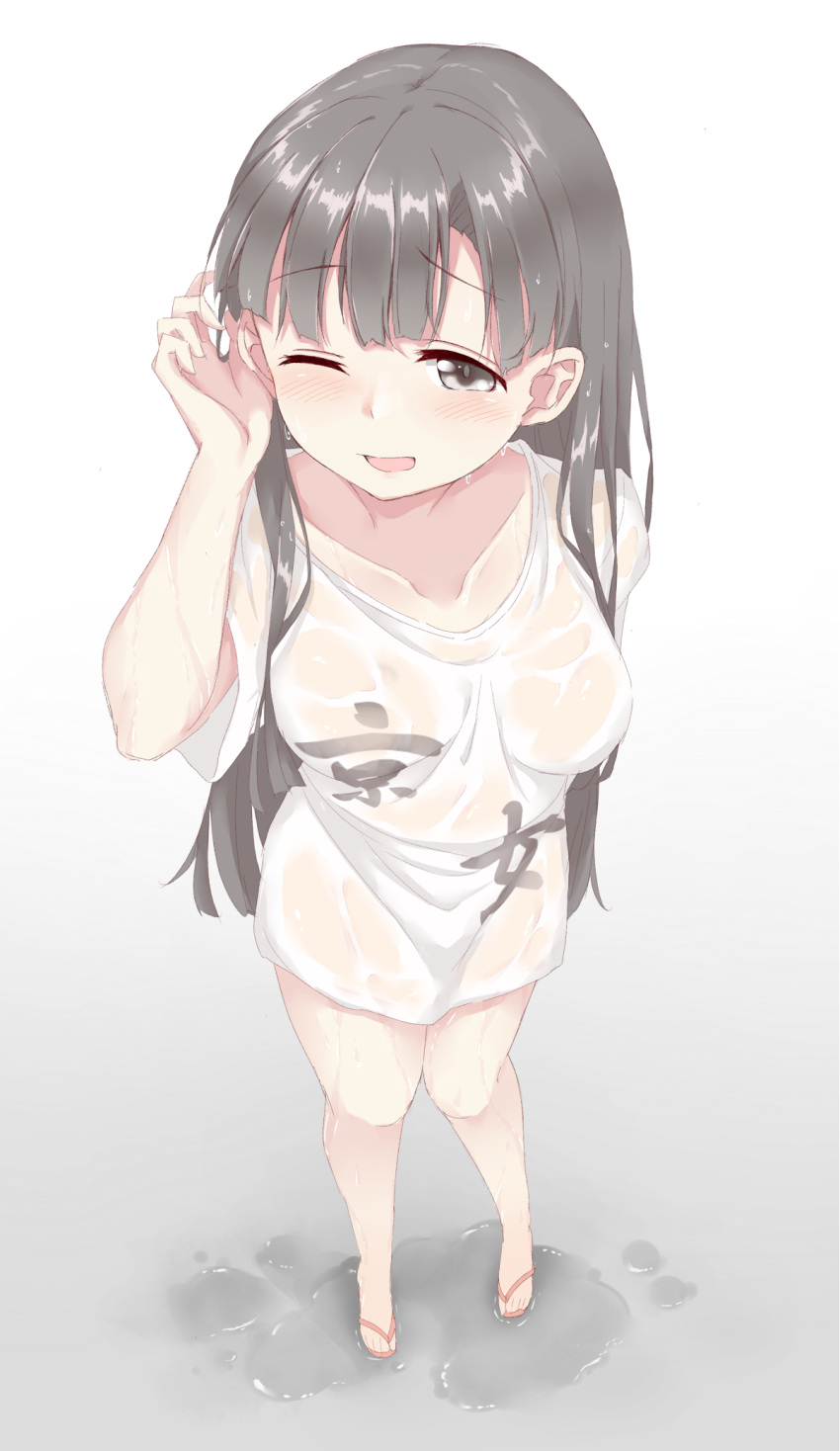 1girl black_hair blush breasts collarbone commentary_request eyebrows_visible_through_hair from_above full_body hair_over_shoulder highres idolmaster idolmaster_cinderella_girls kobayakawa_sae long_hair medium_breasts nabu_(xday) one_eye_closed sandals shirt short_sleeves solo standing translation_request water wet wet_clothes white_shirt