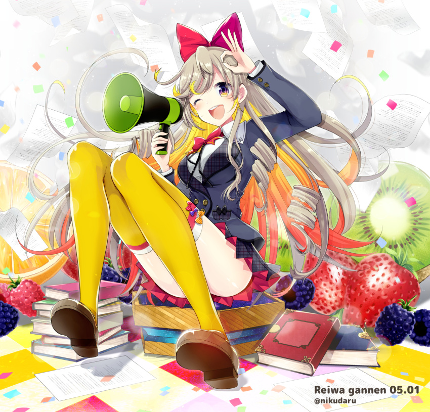 1girl ;d ahoge blonde_hair book bow bowtie breasts brown_footwear convenient_leg drill_hair full_body hair_bow highres hiroichi holding_megaphone large_breasts long_hair ok_sign one_eye_closed open_mouth original plaid plaid_skirt pleated_skirt red_bow school_uniform sitting skirt smile solo thigh-highs twin_drills violet_eyes yellow_legwear