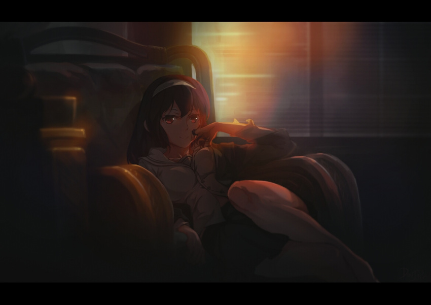 1girl black_hair blinds chair dark doujiang_rr hairband indoors kasumigaoka_utaha letterboxed long_hair looking_at_viewer partially_unbuttoned saenai_heroine_no_sodatekata school_uniform serafuku sitting solo window