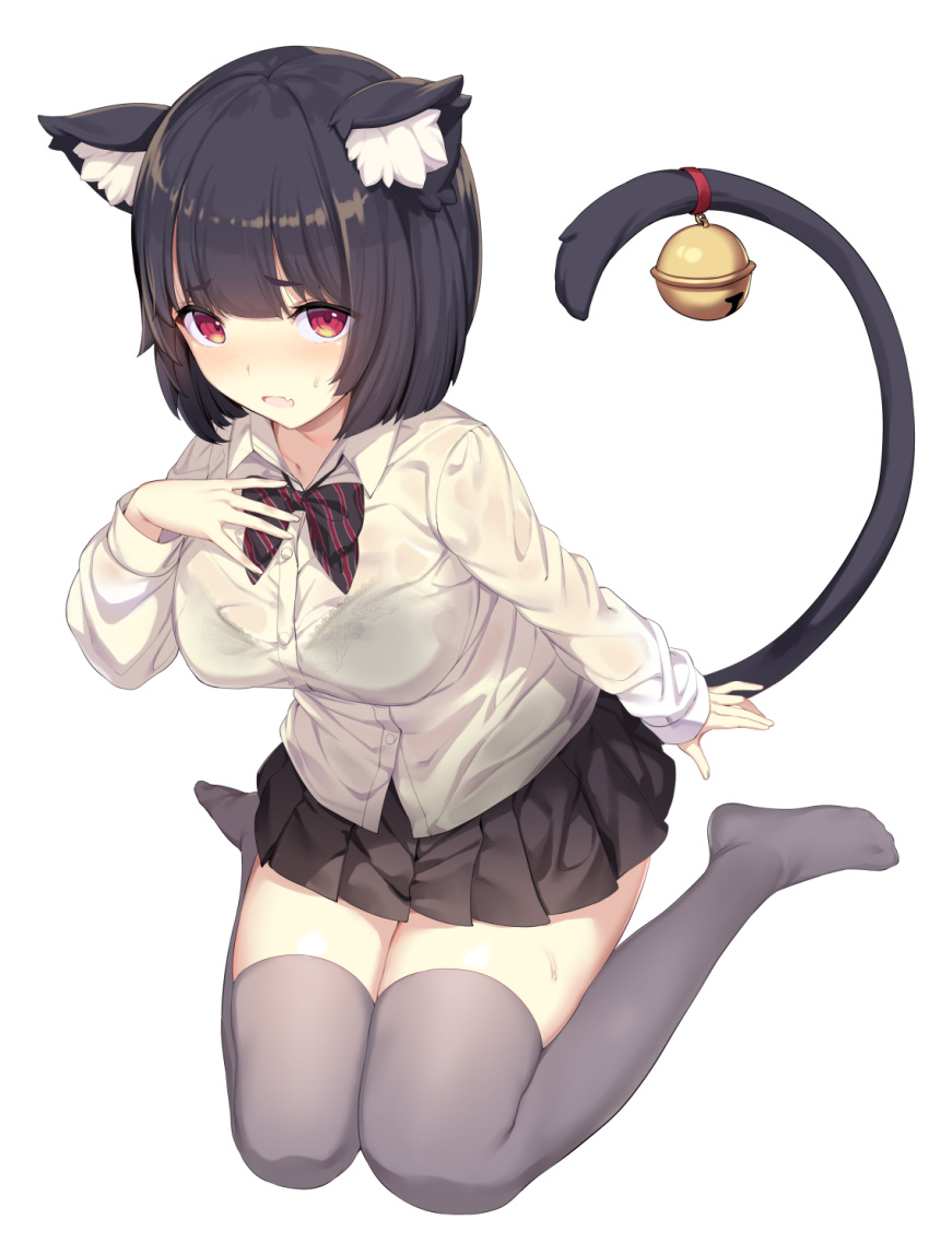 1girl :o animal_ear_fluff animal_ears azur_lane bangs bell black_bra black_hair black_skirt bow bowtie bra breasts cat_ears cat_girl cat_tail collared_shirt commentary_request fang grey_legwear hand_on_own_chest highres ikomochi jingle_bell large_breasts long_sleeves looking_at_viewer miniskirt no_shoes open_mouth pleated_skirt red_eyes school_uniform see-through shirt short_hair simple_background sitting skirt solo striped striped_neckwear sweat tail thigh-highs underwear wariza wet wet_clothes wet_shirt white_background white_shirt yamashiro_(azur_lane) zettai_ryouiki