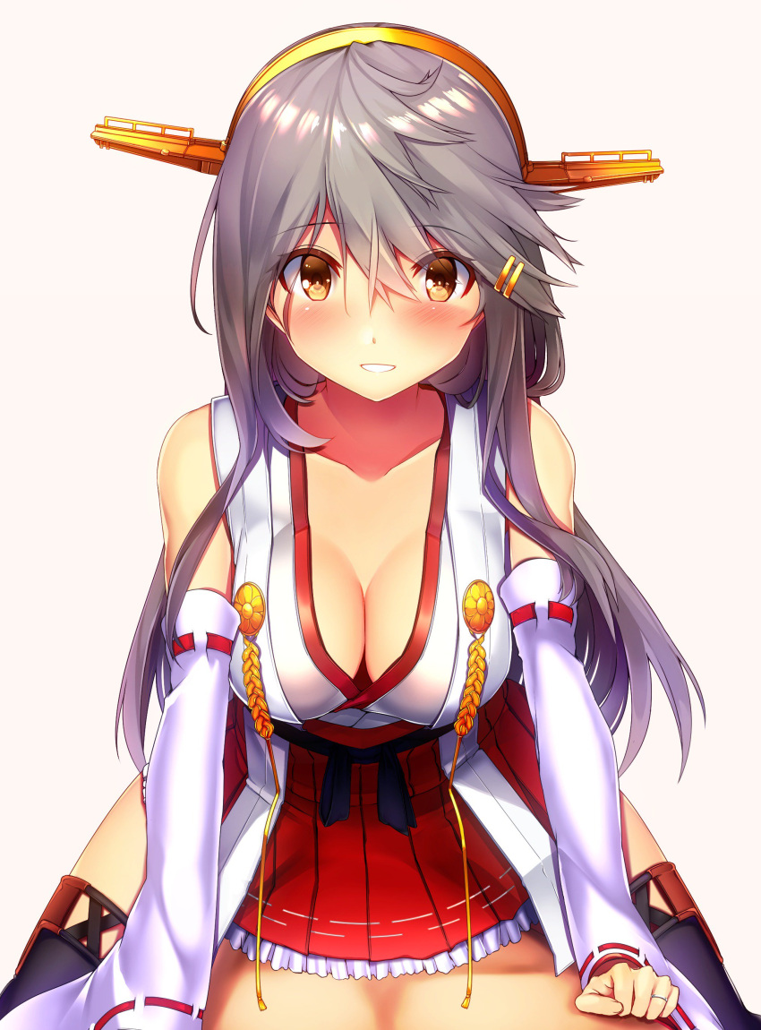 1boy 1girl absurdres bangs bare_shoulders beige_background black_hair blush boots breasts brown_eyes cowgirl_position detached_sleeves eyebrows_visible_through_hair hair_ornament hairband hairclip haruna_(kantai_collection) headgear highres japanese_clothes kantai_collection large_breasts long_hair looking_at_viewer muscle nontraditional_miko parted_lips petticoat pleated_skirt pov red_skirt remodel_(kantai_collection) sidelocks simple_background skirt smile straddling thigh-highs thigh_boots tsukui_kachou
