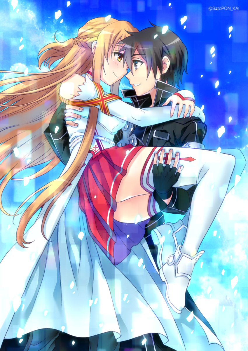 1boy 1girl asuna_(sao) black_coat black_eyes black_gloves black_hair blonde_hair blue_background breastplate carrying elbow_gloves eye_contact fingerless_gloves floating_hair gloves grin highres kirito long_hair looking_at_another looking_at_viewer miniskirt pleated_skirt princess_carry red_skirt sato-pon skirt smile sword_art_online thigh-highs very_long_hair white_gloves white_legwear yellow_eyes zettai_ryouiki