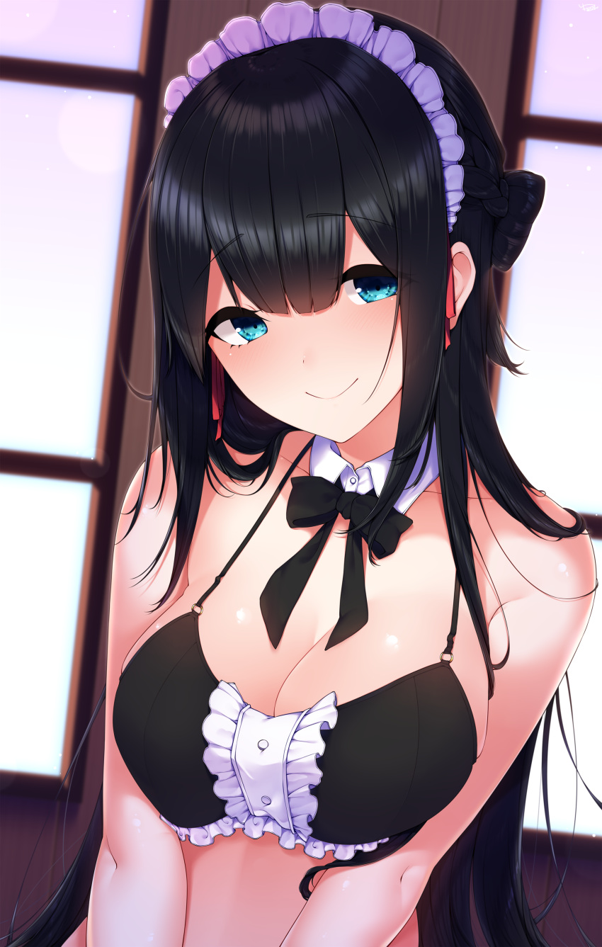 1girl absurdres bangs bare_arms bare_shoulders black_bra black_hair black_neckwear blue_eyes bow bowtie bra braid breasts cleavage closed_mouth collarbone commentary_request detached_collar french_braid frilled_bra frills highres indoors large_breasts long_hair looking_at_viewer maid maid_headdress original sidelocks smile solo stomach underwear upper_body v_arms very_long_hair window yukichi_(sukiyaki39)
