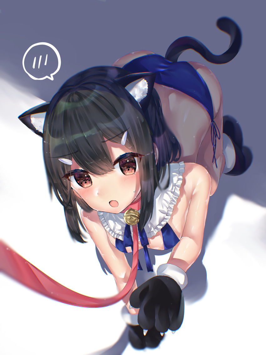 1girl absurdres all_fours animal_ears ass bangs bare_shoulders bell bikini black_hair blue_bikini blush breasts brown_eyes cat_ears cat_tail collar fate/kaleid_liner_prisma_illya fate_(series) gloves hair_ornament hairclip highres hitomin_(ksws7544) jingle_bell leash long_hair looking_at_viewer miyu_edelfelt open_mouth paw_gloves paw_pose paws small_breasts solo swimsuit tail thighs