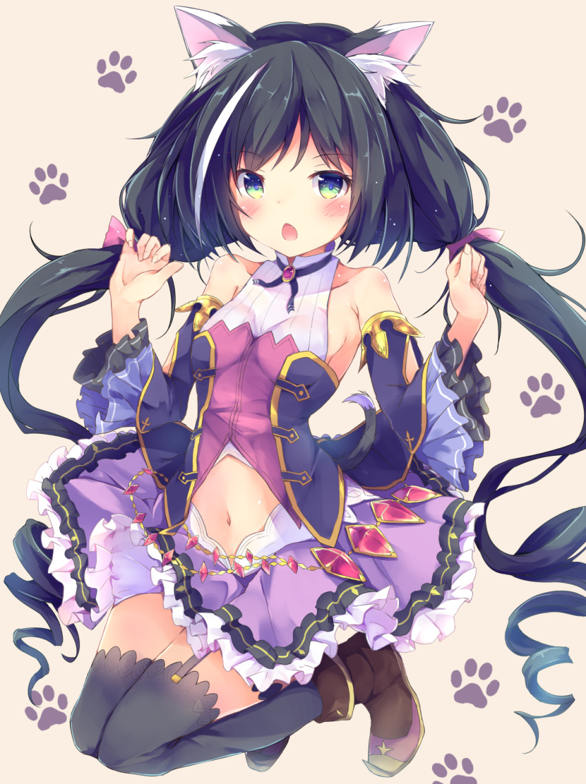 1girl animal_ear_fluff animal_ears bare_shoulders black_hair black_legwear blue_sleeves blush boots breasts brown_background brown_footwear cat_ears cat_girl cat_tail chestnut_mouth commentary_request detached_sleeves fang fingernails frilled_skirt frills full_body garter_straps green_eyes hands_up highres hinata_yuu_(atelierhinata) kyaru_(princess_connect) long_hair long_sleeves looking_at_viewer medium_breasts multicolored_hair navel open_mouth paw_background princess_connect! princess_connect!_re:dive purple_skirt ringlets shirt skirt sleeveless sleeveless_shirt solo streaked_hair tail thigh-highs thighhighs_under_boots twintails very_long_hair white_hair white_shirt wide_sleeves