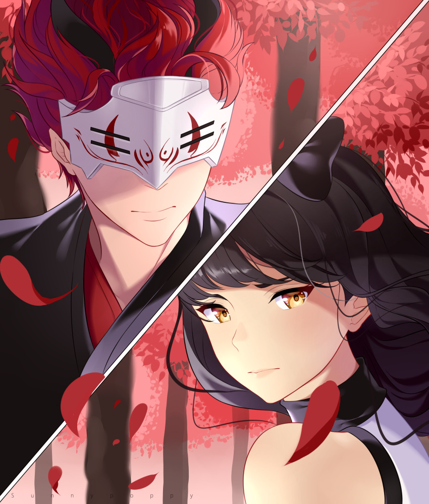1boy 1girl absurdres adam_taurus artist_name bangs black_hair blake_belladonna bow close-up face forest highres horns leaf lips mask nature red_background redhead rwby sunnypoppy tree wind yellow_eyes