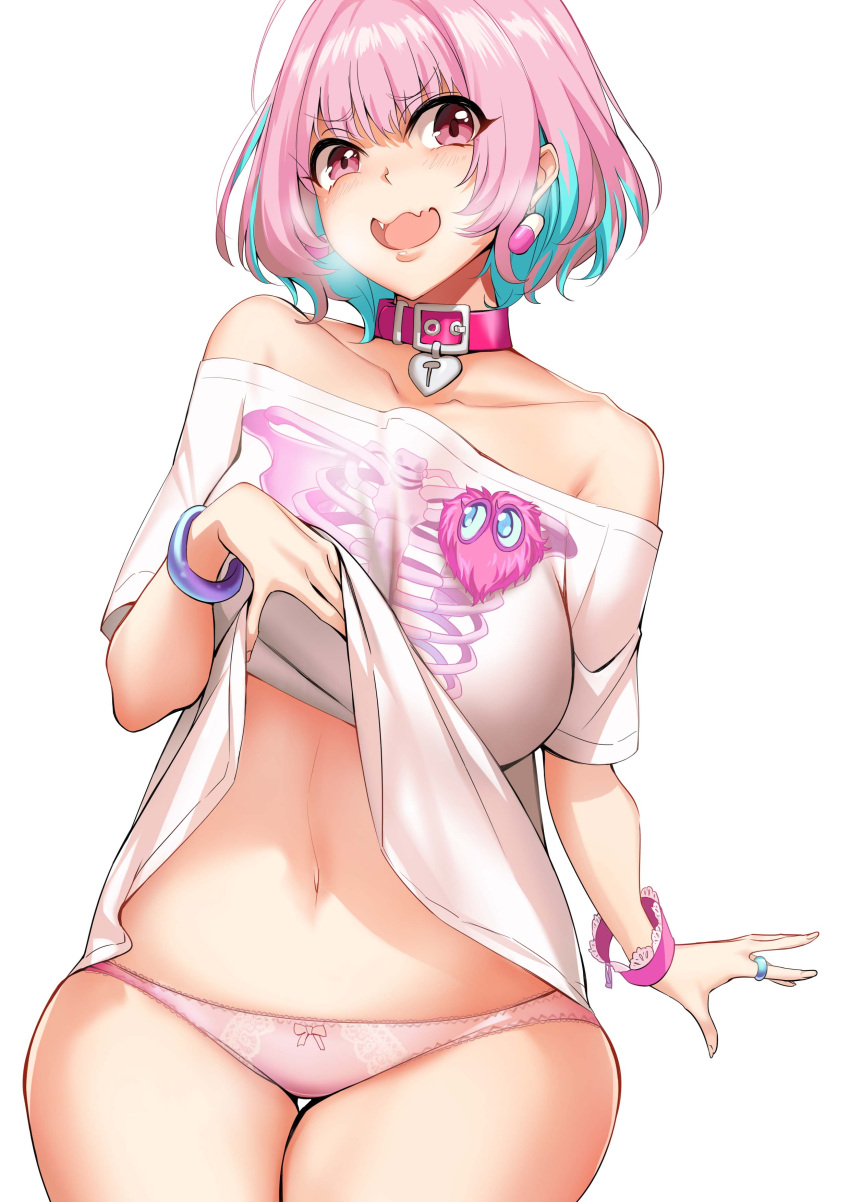 1girl absurdres bare_shoulders blue_hair bracelet breasts collar collarbone earrings eyebrows_visible_through_hair fang highres idolmaster idolmaster_cinderella_girls jewelry knatb large_breasts lifted_by_self looking_at_viewer multicolored_hair navel open_mouth panties pink_eyes pink_hair pink_panties shirt short_hair short_sleeves simple_background solo t-shirt two-tone_hair underwear white_background yumemi_riamu