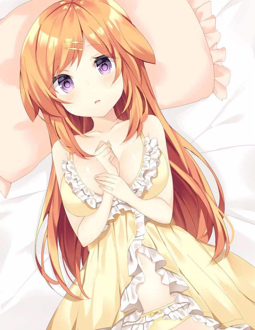 1girl animal_ears babydoll bangs bare_arms bare_shoulders blush breasts cleavage collarbone dog_ears dog_girl floppy_ears frilled_pillow frills hair_ornament hairclip hands_on_own_chest highres komomo_(ptkrx) large_breasts long_hair looking_at_viewer lying navel on_back orange_hair original panties parted_lips pillow solo stomach underwear violet_eyes yellow_panties