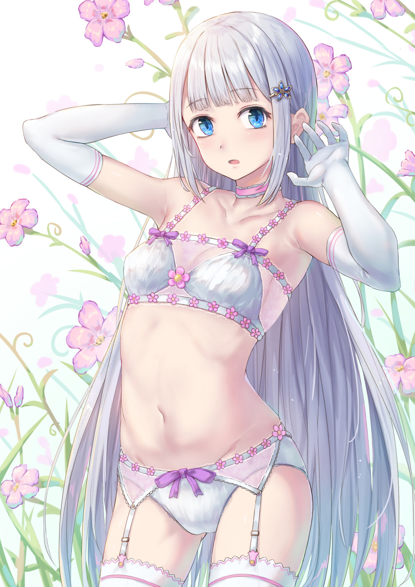 1girl :o absurdres armpits arms_up bangs bare_shoulders blue_eyes blunt_bangs blush bra breasts cleavage collarbone cowboy_shot elbow_gloves eyebrows_visible_through_hair flower garter_belt gloves gluteal_fold gohei_(aoi_yuugure) hair_ornament hairclip highres long_hair looking_at_viewer navel open_mouth original panties pink_flower purple_ribbon ribbon sidelocks silver_hair small_breasts solo standing stomach straight_hair tareme thigh-highs underwear very_long_hair white_bra white_gloves white_legwear white_panties