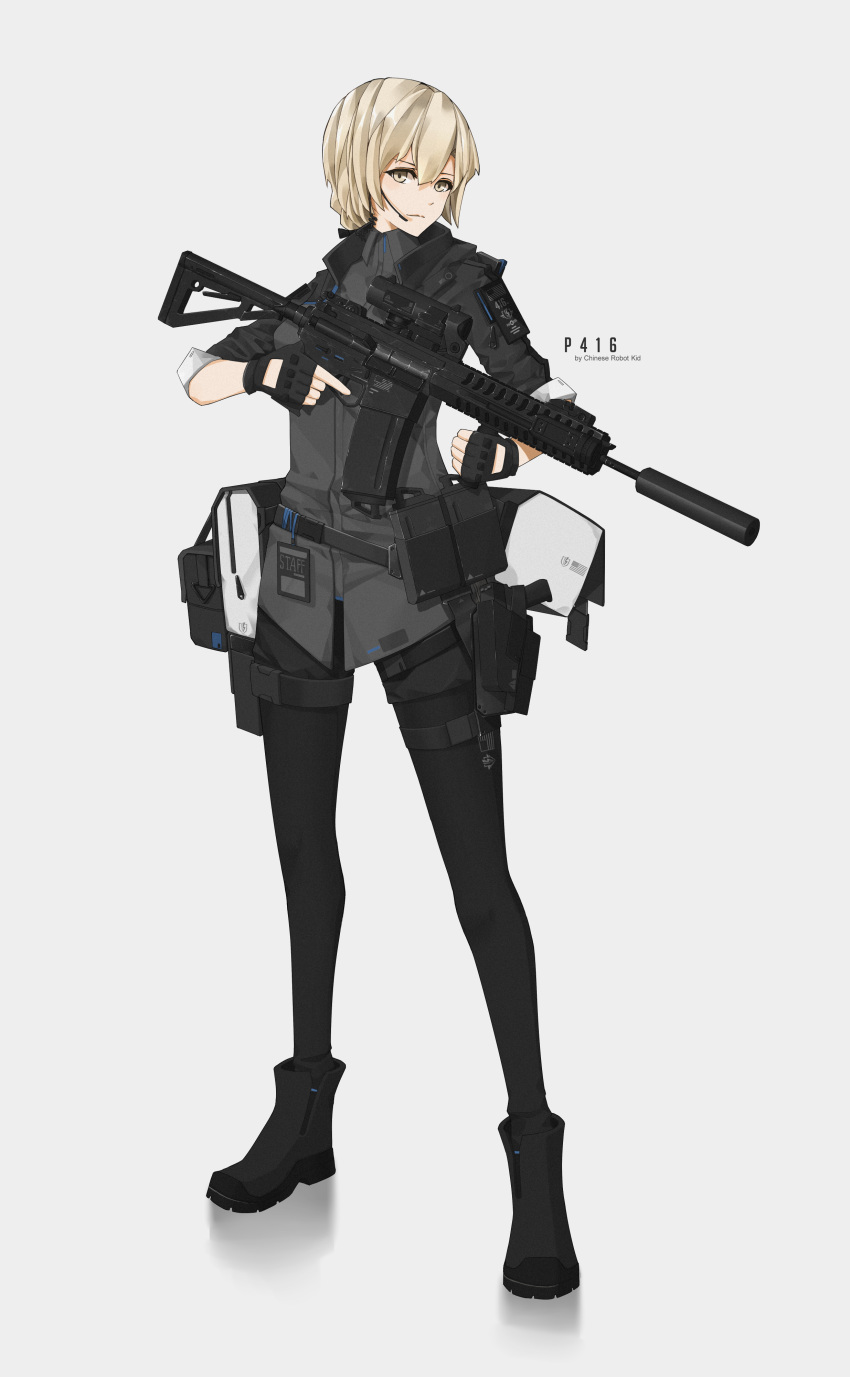 1girl absurdres assault_rifle blonde_hair chinese_robot_kid commentary earpiece fingerless_gloves full_body gloves gun handgun highres holding holding_gun holding_weapon holster holstered_weapon original p416 pistol rifle simple_background solo suppressor weapon yellow_eyes