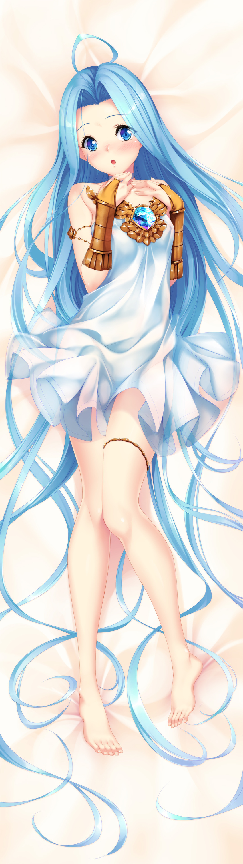 1girl absurdres ahoge armlet barefoot bed_sheet blue_eyes blue_hair blush bridal_gauntlets chestnut_mouth dakimakura dress from_above full_body granblue_fantasy hair_intakes highres long_hair looking_at_viewer lyria_(granblue_fantasy) on_bed open_mouth shiny shiny_hair short_dress sleeveless sleeveless_dress solo strapless strapless_dress thighlet unosuke very_long_hair white_dress