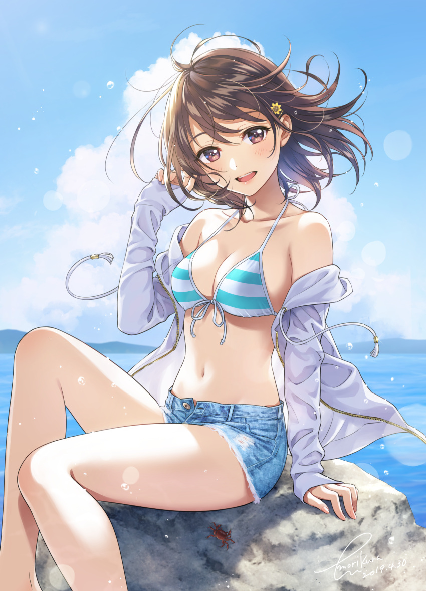 1girl 2019 arm_support bare_shoulders bikini_top blue_sky blush breasts brown_eyes brown_hair cleavage clouds collarbone commentary_request crab cutoffs dated day denim denim_shorts drawstring floating_hair flower front-tie_bikini front-tie_top grey_hoodie groin hair_flower hair_ornament halter_top halterneck hand_in_hair hand_up highres hood hoodie jacket knee_up long_sleeves looking_at_viewer medium_breasts morikura_en navel off_shoulder open_clothes open_fly open_jacket original outdoors short_hair short_shorts shorts signature sitting sky smile solo stomach striped_bikini_top swimsuit swimsuit_under_clothes thighs wind wind_lift