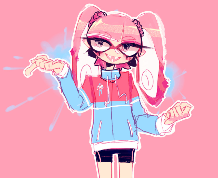 1girl :d abstract bike_shorts blush character_request domino_mask drawstring eyebrows_visible_through_hair large_hands long_arms long_sleeves looking_at_viewer mask open_mouth pink_background pink_hair smile solo splatoon_(series) standing suction_cups tentacle_hair thick_eyebrows