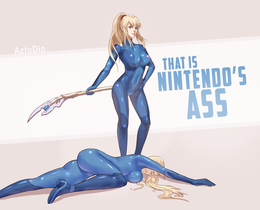 2girls ass avengers:_endgame azto_dio blonde_hair blue_bodysuit bodysuit breasts disney dual_persona high_ponytail highres impossible_bodysuit impossible_clothes long_hair looking_at_viewer marvel metroid mole mole_under_mouth multiple_girls nintendo parody polearm ponytail retro_studios samus_aran shiny shiny_clothes skin_tight smile sora_(company) spear square_enix super_smash_bros. weapon zero_suit