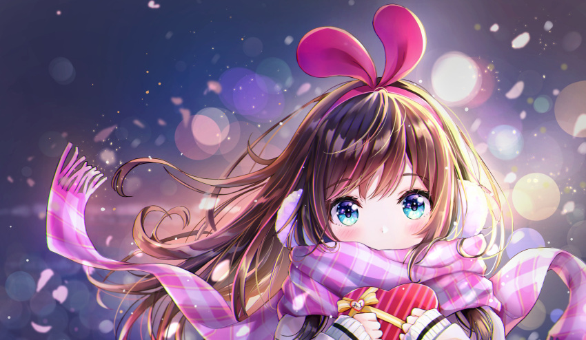 1girl a.i._channel animal_ears blue_eyes blush bow box brown_hair cherry_blossoms dana_(hapong07) earmuffs fake_animal_ears floating_hair hairband heart-shaped_box highlights highres kizuna_ai lens_flare long_hair long_sleeves looking_at_viewer multicolored_hair pink_hairband pink_scarf plaid plaid_scarf portrait rabbit_ears scarf scarf_over_mouth solo striped sweater valentine virtual_youtuber white_sweater