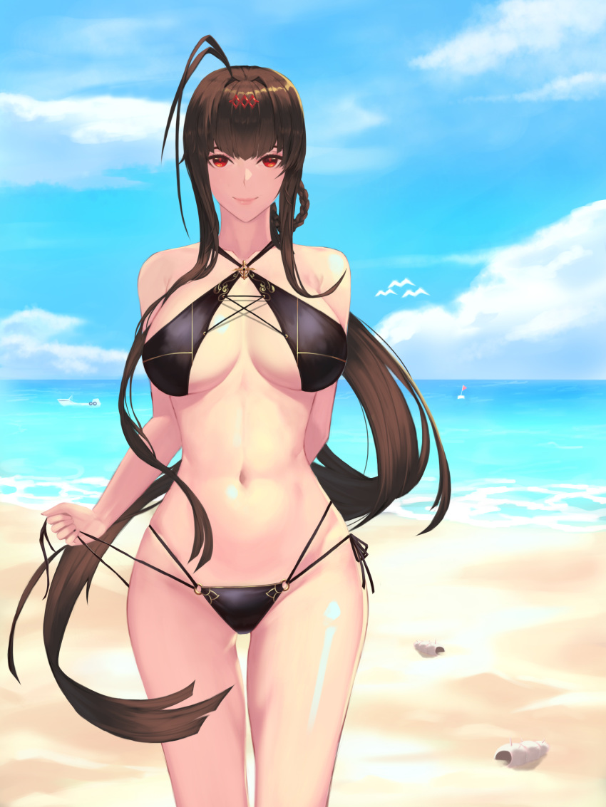 1girl absurdres antenna_hair arm_behind_back bare_shoulders beach bikini black_bikini black_ribbon blue_sky braid breasts brown_hair cleavage closed_mouth collarbone commentary_request criss-cross_halter cross-laced_clothes day dsr-50_(girls_frontline) girls_frontline halterneck highres horizon korean_commentary large_breasts long_hair looking_at_viewer multi-strapped_bikini navel ocean red_eyes ribbon seashell shell side-tie_bikini sidelocks sky smile solo stomach swimsuit un_lim untied untied_bikini very_long_hair water