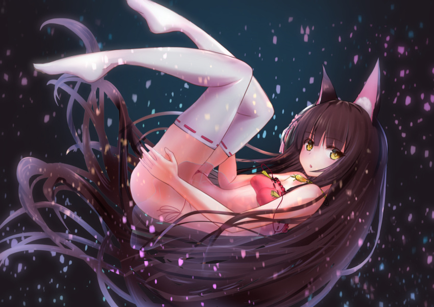 1girl :o animal_ear_fluff animal_ears azur_lane bare_shoulders black_hair breasts fetal_position floating_hair full_body lingerie long_hair looking_at_viewer nagato_(azur_lane) no_shoes panties parted_lips plantar_flexion see-through side-tie_panties small_breasts solo thigh-highs thighs underwear very_long_hair west_(vaem5527) white_legwear yellow_eyes