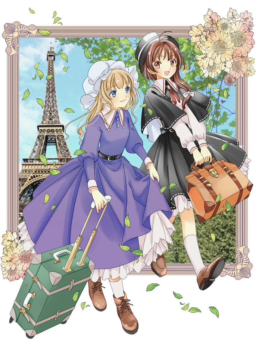 2girls absurdres bag belt black_hair black_skirt blonde_hair blue_eyes brown_eyes brown_footwear brown_hair capelet commentary_request dress eiffel_tower flower full_body hair_ribbon hat highres koma_midori leaf light_smile long_hair long_sleeves luggage maribel_hearn mob_cap multiple_girls open_mouth paris photo_background purple_dress ribbon rolling_suitcase shoes skirt smile socks suitcase touhou tree tress_ribbon usami_renko walking white_hair white_legwear