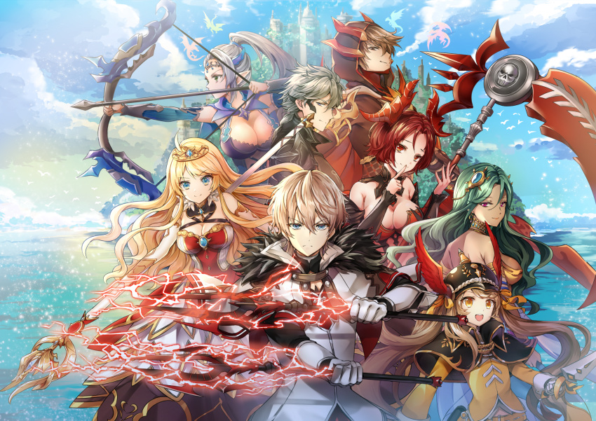 3boys 5girls :d ahoge animal artemia_(king's_raid) back bare_shoulders bird black_capelet blonde_hair blue_eyes blue_sky breasts brown_eyes brown_hair building capelet chase_(king's_raid) cleavage closed_mouth clouds cloudy_sky crown dagger day demon_horns dragon dress dual_wielding epis_(king's_raid) finger_to_mouth flock fur_collar gauntlets gloves green_eyes green_hair grey_hair hair_ornament helmet highres holding holding_dagger holding_scythe holding_spear holding_staff holding_weapon hood horns index_finger_raised king's_raid large_breasts laudia_(king's_raid) lightning long_hair long_sleeves looking_at_viewer melings_(aot2846) multiple_boys multiple_girls open_mouth orange_shirt outdoors polearm profile red_dress red_eyes reina_(king's_raid) roi_(king's_raid) scythe selene_(king's_raid) shirt short_hair silver_hair sky smile spear staff standing strapless strapless_dress theo_(king's_raid) v-shaped_eyebrows very_long_hair violet_eyes wavy_hair weapon white_coat white_gloves winged_helmet yellow_eyes