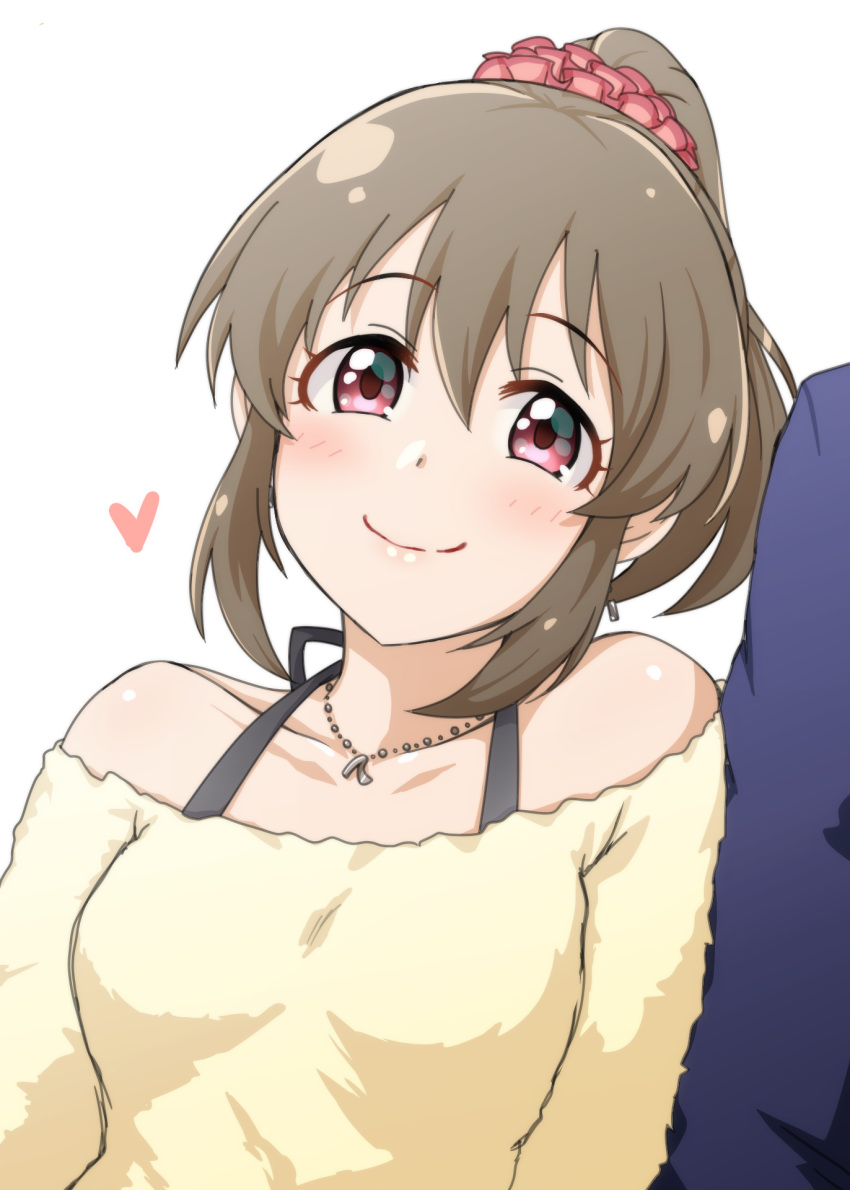 1girl blush breasts brown_hair commentary_request hair_ornament hair_scrunchie heart high_ponytail highres hori_yuuko idolmaster idolmaster_cinderella_girls jewelry looking_at_viewer medium_breasts necklace off-shoulder_sweater off_shoulder ponytail red_eyes scrunchie simple_background smile solo_focus sweater upper_body wasabi_(nmrw4477) white_background