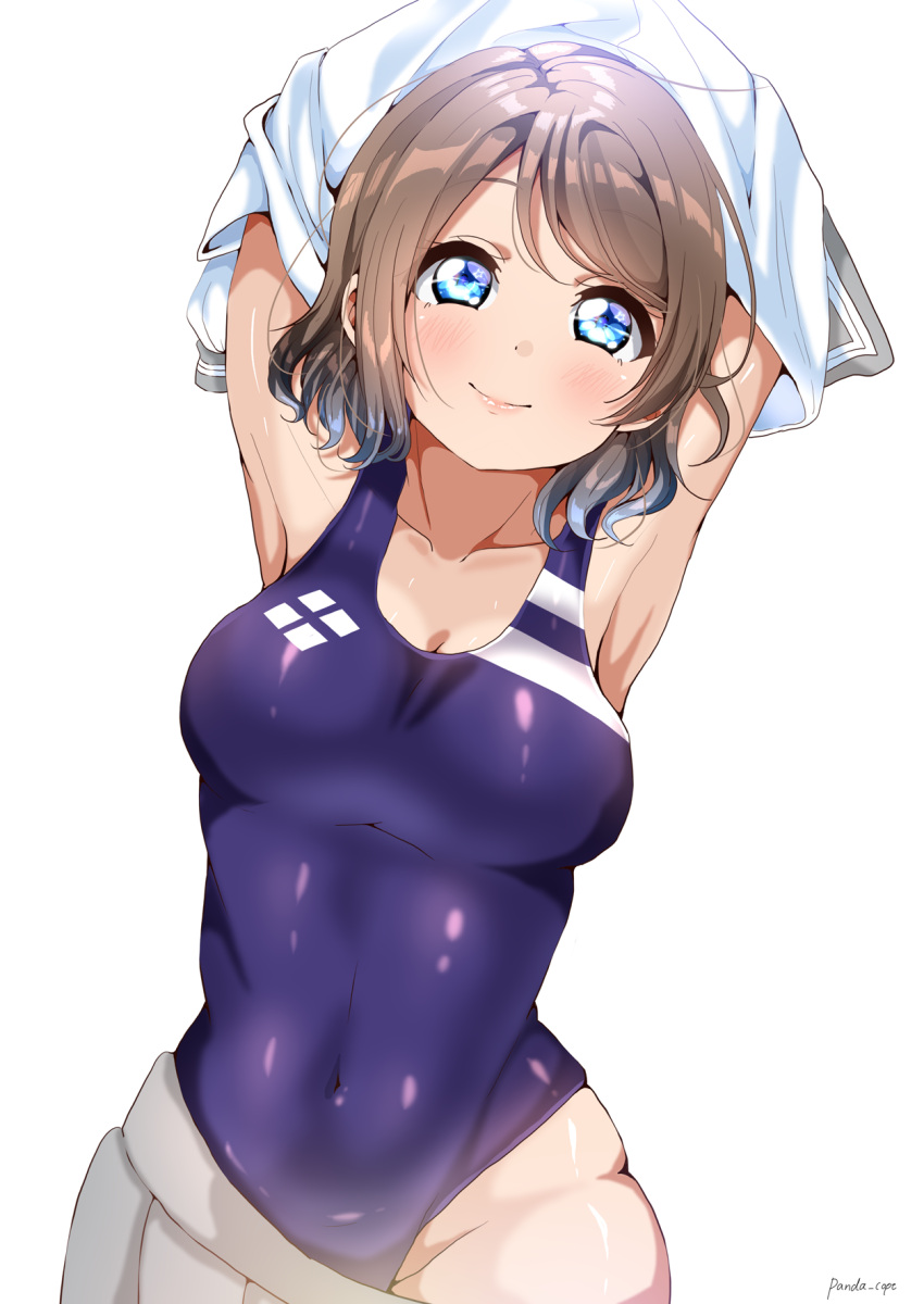 1girl armpits arms_up artist_name blue_eyes blue_swimsuit blush brown_hair collarbone covered_navel highres looking_at_viewer love_live! love_live!_sunshine!! one-piece_swimsuit panda_copt school_swimsuit school_uniform shirt short_hair simple_background skirt skirt_pull smile solo swimsuit swimsuit_under_clothes undressing uranohoshi_school_uniform watanabe_you white_background white_shirt