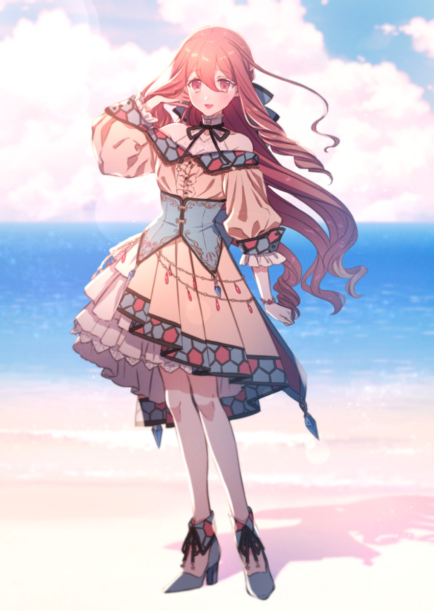 1girl arm_at_side beach blue_sky bracelet clouds creatures_(company) day dress full_body game_freak hair_between_eyes hand_up high_heels highres jewelry long_hair looking_at_viewer moe_(hamhamham) nintendo outdoors personification pokemon puffy_sleeves red_eyes redhead shadow sky smile solo standing very_long_hair yellow_dress