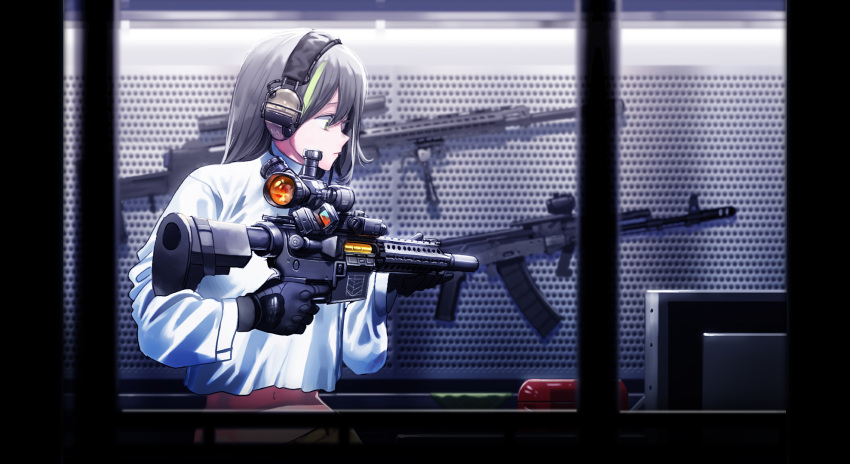 1girl ar-15 assault_rifle bangs black_gloves commentary_request copyright_name girls_frontline gloves grey_hair gun hair_between_eyes headphones highres holding holding_gun holding_weapon ihobus korean_commentary long_hair long_sleeves looking_to_the_side m4_carbine m4a1_(girls_frontline) midriff navel profile rifle scope solo standing turtleneck upper_body weapon