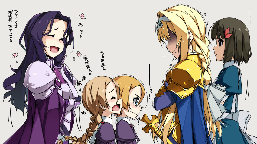 5girls :d alice_schuberg blonde_hair blue_cape braid braided_ponytail brown_hair cape character_request closed_eyes crossed_arms fanatio_synthesis_two fizel_(sao) from_side frown green_eyes grey_background hair_ornament hair_over_eyes hairband hand_on_own_cheek highres linel_(sao) long_hair multiple_girls open_mouth purple_cape purple_hair sheath sheathed shikei short_hair shoulder_armor simple_background single_braid smile spaulders standing sweatdrop sword sword_art_online trembling twin_braids twintails walking weapon white_hairband