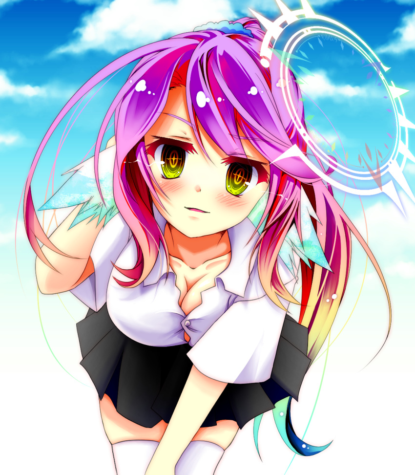 1girl arm_behind_head black_skirt blue_sky blush breasts cleavage cross day gradient_eyes gradient_hair hair_ornament hair_scrunchie halo highres jibril_(no_game_no_life) large_breasts leaning_forward long_hair looking_at_viewer magic_circle mimi0846 multicolored multicolored_eyes multicolored_hair no_game_no_life orange_eyes parted_lips pink_hair scrunchie shirt skirt sky solo symbol-shaped_pupils thigh-highs very_long_hair white_legwear white_shirt wing_ears yellow_eyes zettai_ryouiki