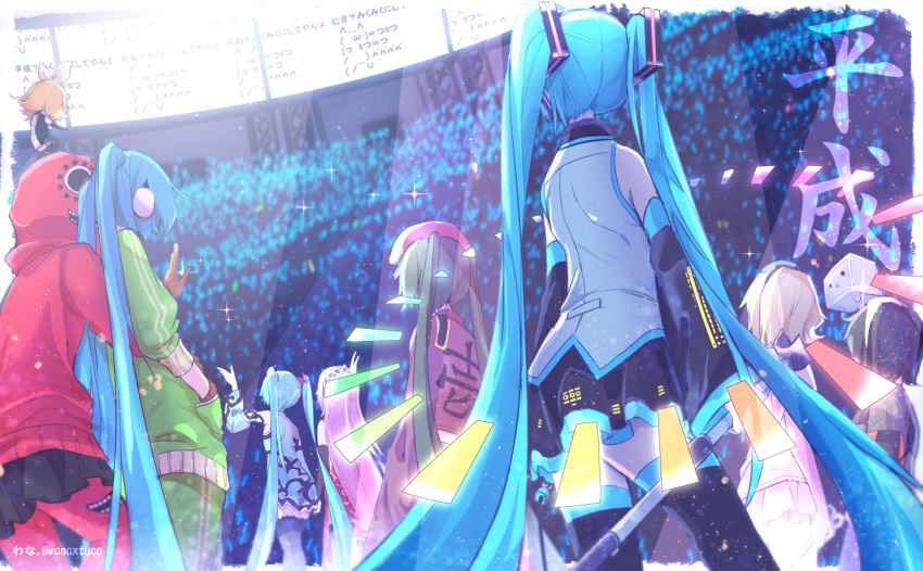 6+girls aqua_hair audience bare_shoulders blonde_hair commentary concert detached_sleeves floating floating_object from_behind green_hair gumi hatsune_miku headphones heisei hood hoodie hug hug_from_behind instrument japanese_clothes kagamine_rin keyboard_(instrument) long_hair matryoshka_(vocaloid) megurine_luka melt_(vocaloid) miku_miku_ni_shite_ageru_(vocaloid) minigirl mosaic_roll_(vocaloid) multiple_girls multiple_persona pink_hair senbon-zakura_(vocaloid) shirt short_hair skirt sleeveless sleeveless_shirt terebi-chan thigh-highs track_suit twintails twitter_username very_long_hair vocaloid wanaxtuco waving world's_end_dancehall_(vocaloid) zettai_ryouiki