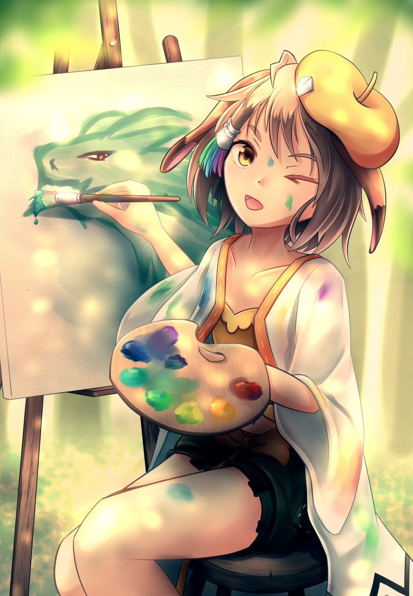 1girl absurdres animal_ears artist_painter beret black_shorts brown_hair canvas_(object) collarbone commentary dragalia_lost drawing english_commentary fleur hair_tubes hat highres midgardsormr_(dragalia_lost) one_eye_closed open_mouth paint paintbrush painting_(object) palette rabbit_ears ryo-suzuki shirt short_hair shorts sitting smile smock solo stool thighs tree yellow_eyes yellow_headwear yellow_shirt