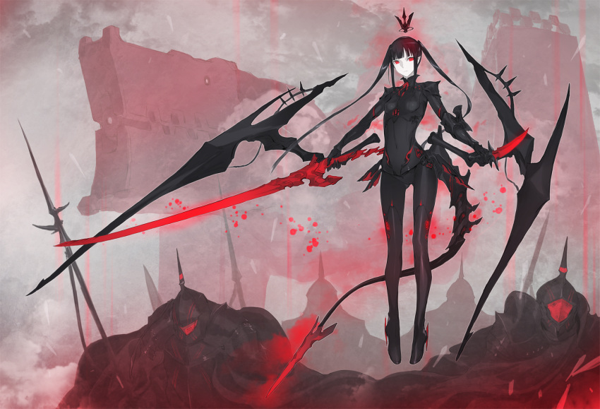 1girl 4boys armor bad_proportions black_armor black_bodysuit black_gloves black_legwear bodysuit breasts day dual_wielding floating gloves grey_sky helmet holding holding_knife holding_sword holding_weapon ishinarimaru_shouten knife levitation multiple_boys myufrae outdoors pale_skin pixiv_fantasia pixiv_fantasia_last_saga polearm red_eyes skin_tight small_breasts sword tail twintails weapon