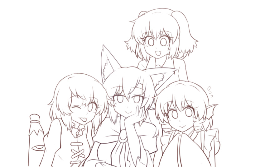 4girls :&gt; :d ;p animal_ear_fluff animal_ears bangs breasts brooch commentary dress drill_hair drill_locks english_commentary eyebrows_visible_through_hair eyelashes fang flying_sweatdrops hair_between_eyes hand_on_own_cheek head_fins imaizumi_kagerou jewelry juliet_sleeves kasodani_kyouko long_sleeves looking_at_viewer medium_breasts monochrome multiple_girls one_eye_closed open_mouth puffy_sleeves shirt short_hair simple_background smile tatara_kogasa tongue tongue_out touhou umbrella upper_body vest wakasagihime white_background wide_sleeves wolf_ears wool_(miwol)