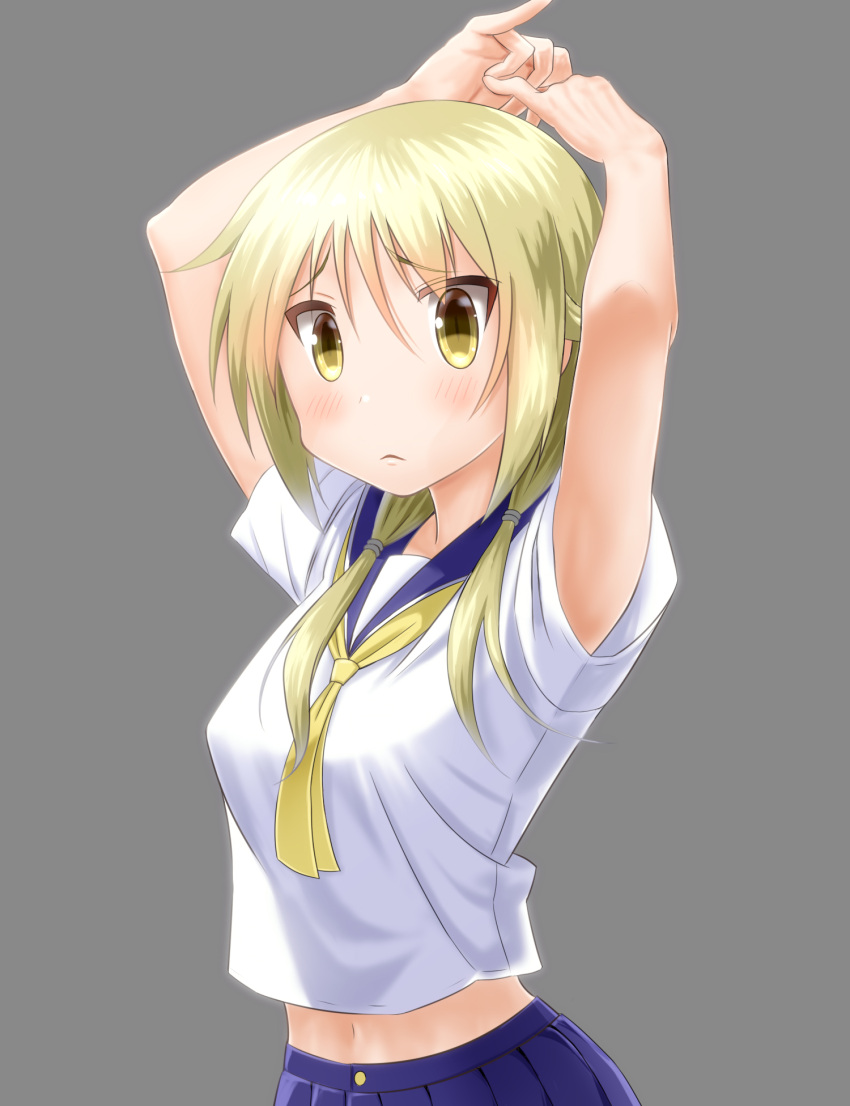 1girl arms_up bangs blonde_hair blue_sailor_collar blue_skirt blush closed_mouth commentary_request eyebrows_visible_through_hair grey_background hair_between_eyes hair_over_shoulder highres ichii_yui long_hair looking_at_viewer low_twintails navel pleated_skirt sailor_collar school_uniform serafuku shirt short_sleeves simple_background skirt solo taka_(takahirokun) twintails white_shirt yellow_eyes yellow_neckwear yuyushiki