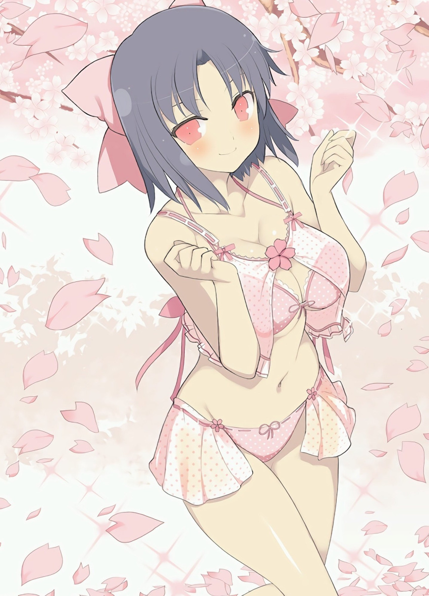 1girl blush bow bra breast_squeeze breasts cherry_blossoms cleavage collarbone frilled_bra frills grey_hair groin hair_bow highres looking_at_viewer medium_breasts navel panties pink_bow pink_bra pink_panties polka_dot polka_dot_bra polka_dot_panties red_eyes ribbon-trimmed_bra ribbon-trimmed_panties ribbon_trim senran_kagura shiny shiny_hair shiny_skin short_hair showgirl_skirt smile solo standing underwear underwear_only yaegashi_nan