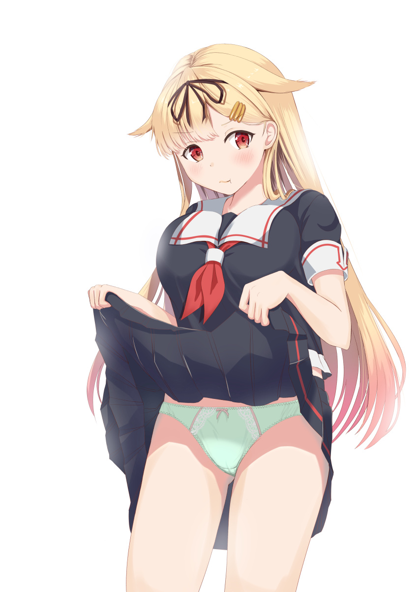 1girl :t absurdres black_dress black_ribbon blonde_hair breasts cropped_legs dress dress_lift gluteal_fold gradient_hair green_panties hair_ornament hair_ribbon hairclip highres kantai_collection large_breasts long_hair looking_at_viewer multicolored_hair neckerchief panties pleated_dress red_eyes red_neckwear remodel_(kantai_collection) ribbon short_dress short_sleeves simple_background solo standing underwear very_long_hair white_background yuudachi_(kantai_collection) zuki