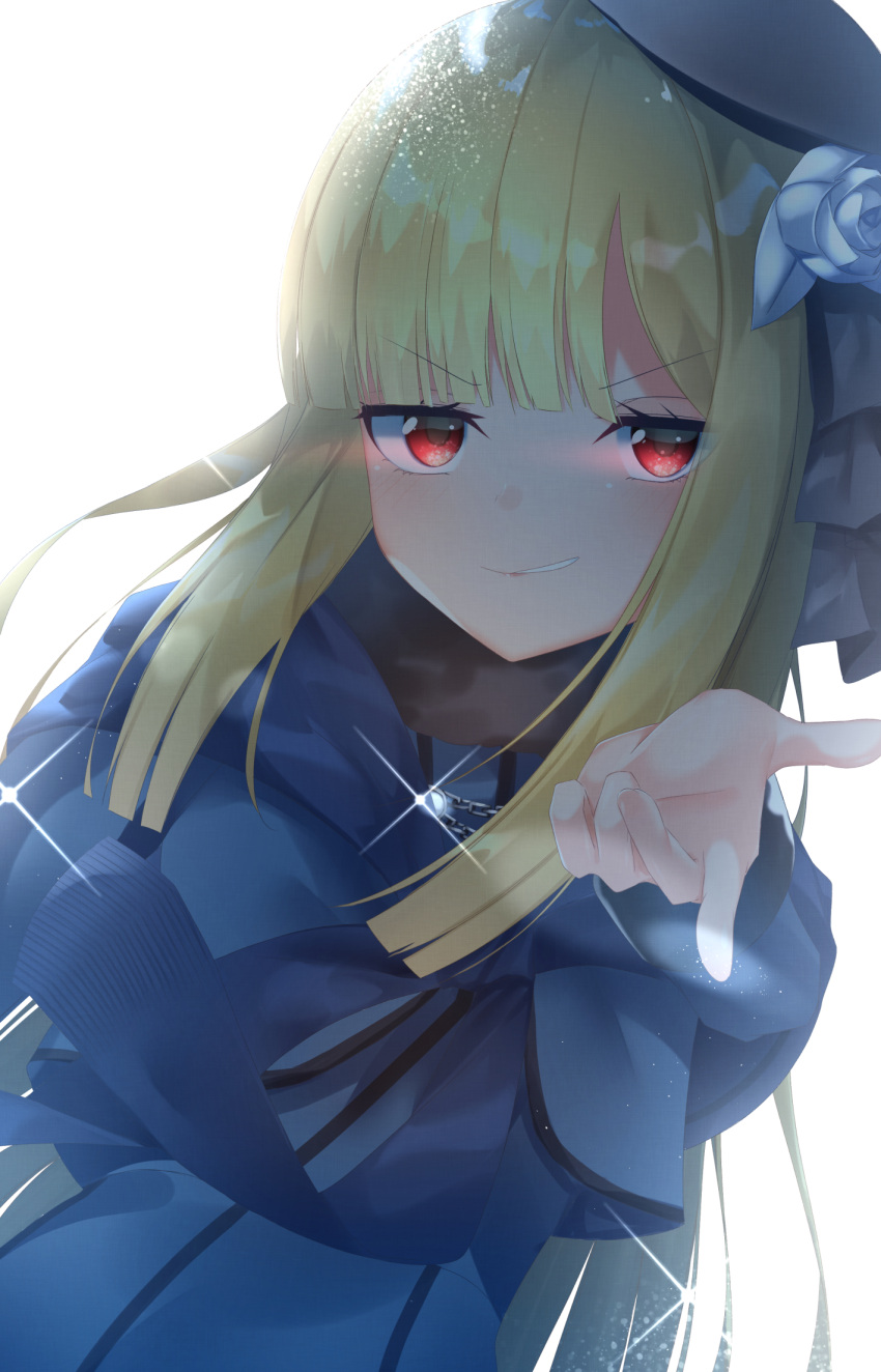 1girl bangs beret black_bow black_headwear blonde_hair blue_coat blue_flower blue_rose blush bow commentary_request eyebrows_visible_through_hair fate_(series) flower hair_bow hair_flower hair_ornament hand_up hat highres long_hair long_sleeves looking_at_viewer lord_el-melloi_ii_case_files parted_lips red_eyes reines_el-melloi_archisorte rose simple_background smirk solo suisen-21 tilted_headwear v-shaped_eyebrows very_long_hair white_background