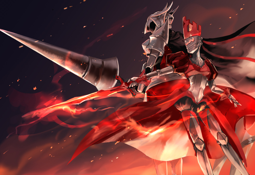 1boy 1girl armor cape crandom crown flaming_sword gauntlets helmet lance night night_sky outdoors pixiv_fantasia pixiv_fantasia_last_saga polearm puffy_short_sleeves puffy_sleeves red_headwear short_sleeves sky standing weapon