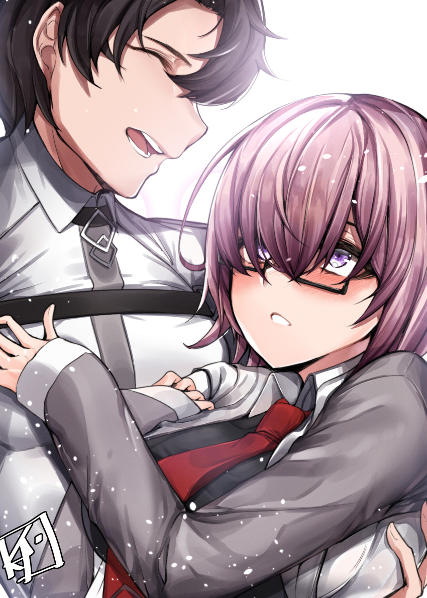 1boy 1girl absurdres black_hair blush chaldea_uniform chickenvomit fate/grand_order fate_(series) fujimaru_ritsuka_(male) hetero highres lavender_eyes lavender_hair long_sleeves looking_at_another looking_at_viewer mash_kyrielight necktie parted_lips red_neckwear semi-rimless_eyewear short_hair smile under-rim_eyewear upper_body