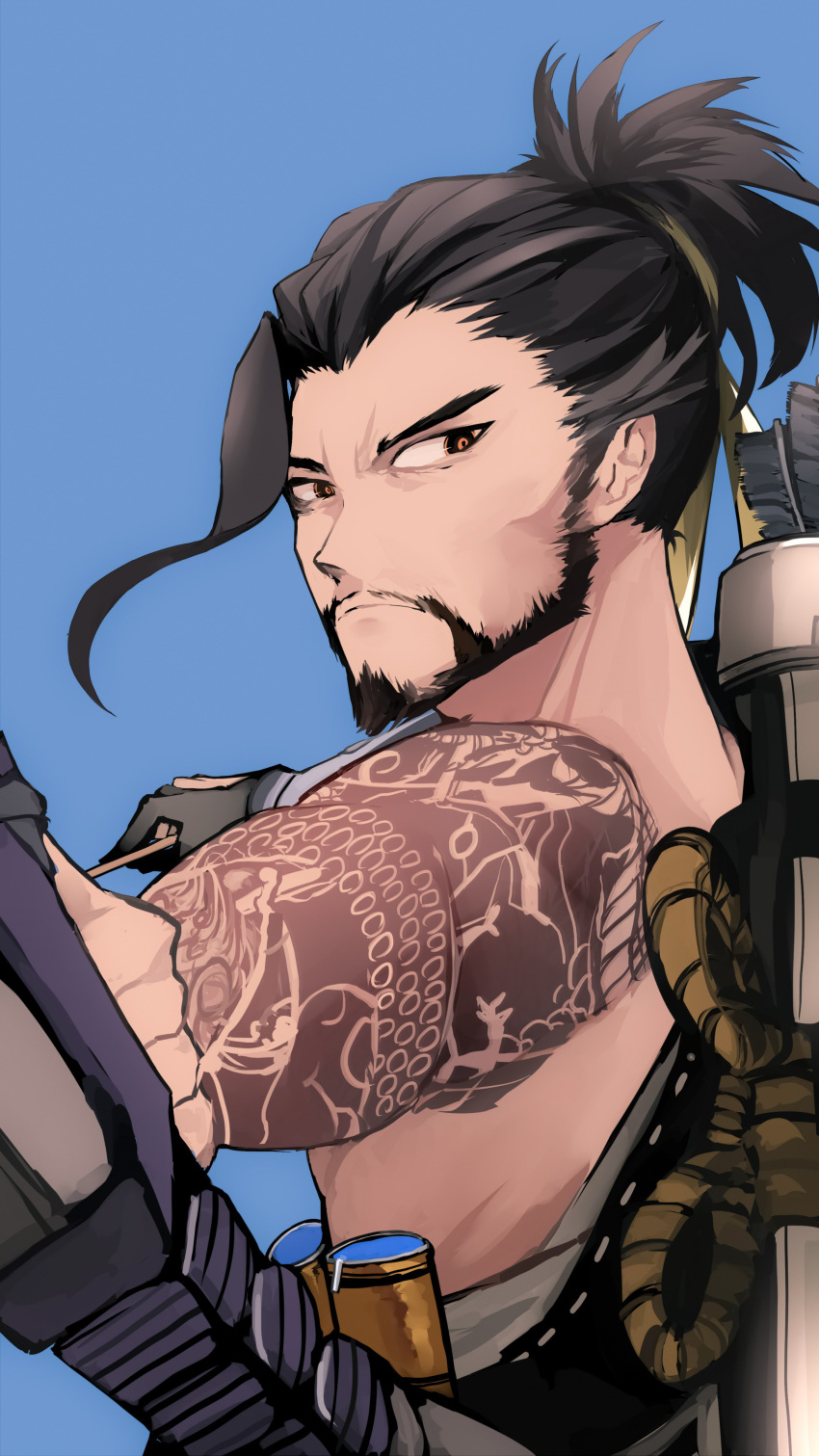 16nfeiyu 1boy absurdres arrow beard black_hair blue_background bow_(weapon) brown_eyes chinese_commentary commentary facial_hair gloves hanzo_(overwatch) high_ponytail highres holding holding_weapon long_hair looking_at_viewer male_focus overwatch ponytail quiver rope shooting_gloves shoulder_tattoo simple_background solo tattoo upper_body weapon