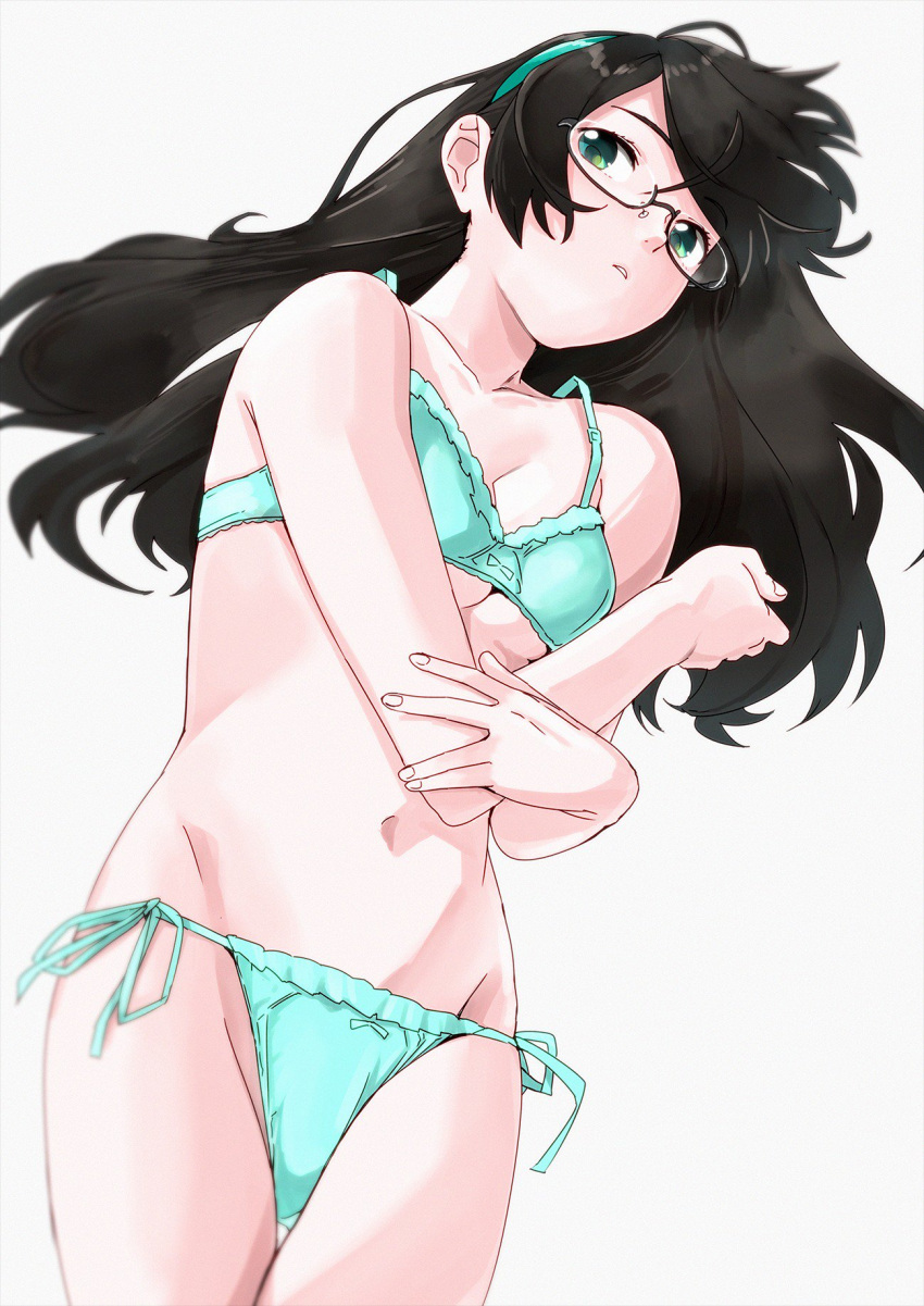 1girl black_hair blue_bra blue_panties bra breasts collarbone glasses green_eyes green_hairband groin hairband highres kantai_collection long_hair lying navel ojipon ooyodo_(kantai_collection) panties semi-rimless_eyewear side-tie_panties simple_background small_breasts solo under-rim_eyewear underwear white_background