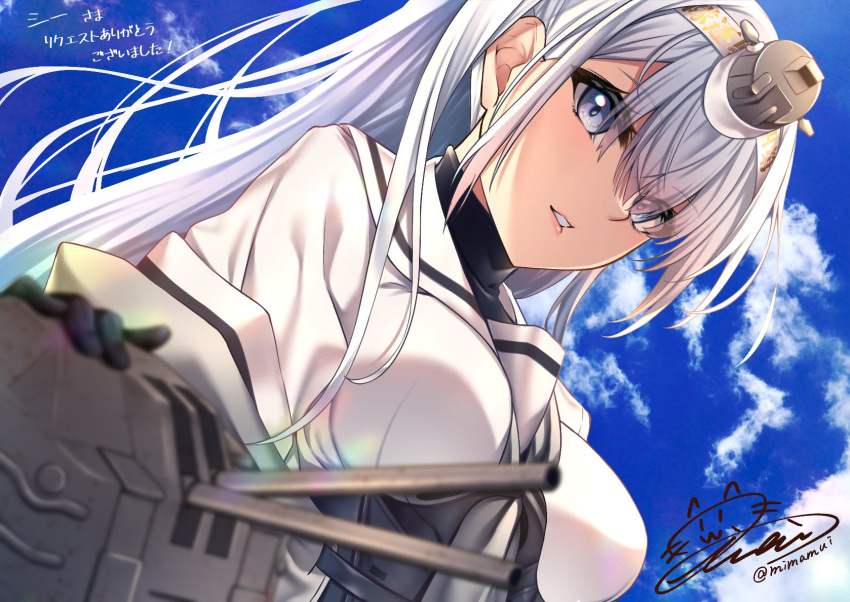 1girl blurry chou-10cm-hou-chan_(fuyutsuki's) commentary_request commission depth_of_field fuyutsuki_(kancolle) fuyutsuki_(kantai_collection) grey_eyes grey_neckerchief headband highres kantai_collection lips long_hair looking_at_viewer mimamui neckerchief one_side_up parted_lips sailor_collar school_uniform serafuku signature skeb_commission solo twitter_username upper_body very_long_hair white_hair white_headband white_sailor_collar