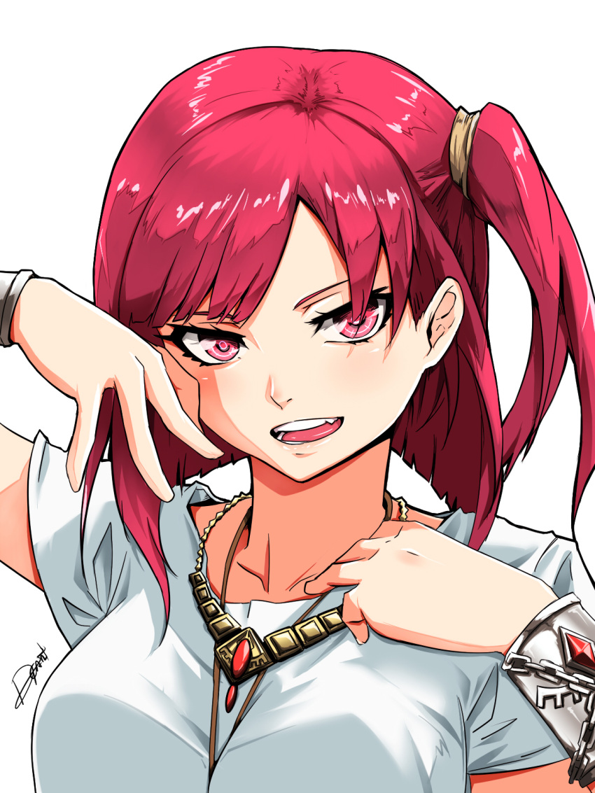 1girl 9bank_thedg arm_up bangs blunt_bangs blunt_ends bracelet breasts chains collarbone eyelashes fang hand_on_own_cheek hand_on_own_chest highres jewelry looking_at_viewer magi_the_labyrinth_of_magic medium_breasts morgiana necklace open_mouth red_eyes redhead round_teeth shiny shiny_hair short_hair short_sleeves side_ponytail signature smile smug teeth tongue upper_body