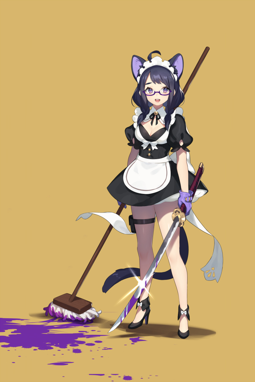 1girl ahoge animal_ears bell black_footwear black_ribbon blood blood_sword bloody_weapon bow braid breasts cat_tail cleavage glasses gloves high_heels highres holding holding_mop holding_sword holding_weapon holster katana lens_flare maid maid_headdress medium_hair mop ni02_(asahi_nini) open_mouth original puffy_sleeves purple_blood purple_gloves ribbon semi-rimless_eyewear simple_background smile solo standing sword tail thigh_holster under-rim_eyewear violet_eyes weapon white_bow yellow_background