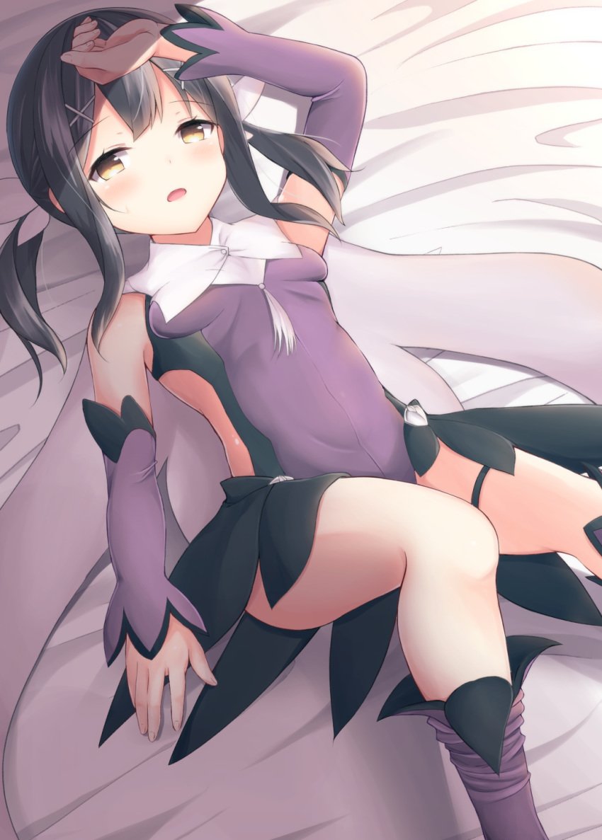 1girl arm_up bangs bare_shoulders bed_sheet black_hair blush breasts brown_eyes commentary_request detached_sleeves eyebrows_visible_through_hair fate/kaleid_liner_prisma_illya fate_(series) fingernails hair_ornament highres leotard long_hair long_sleeves looking_at_viewer lying miyu_edelfelt on_back purple_legwear purple_leotard purple_sleeves sidelocks small_breasts solo thigh-highs thighhighs_pull twintails x_hair_ornament yuzuzukushi