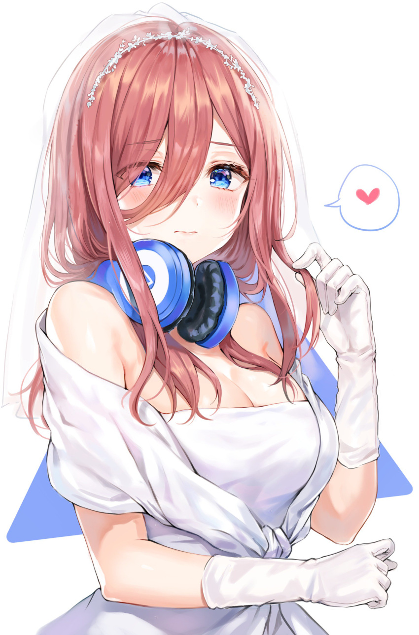 1girl absurdres bare_shoulders blue_eyes breasts bridal_veil brown_hair cleavage closed_mouth dress eyebrows_visible_through_hair gloves go-toubun_no_hanayome hair_between_eyes headphones headphones_around_neck heart highres holding holding_hair large_breasts long_hair looking_at_viewer nakano_miku off-shoulder_dress off_shoulder solo tokkyu_(user_mwwe3558) upper_body veil wedding_dress white_dress white_gloves