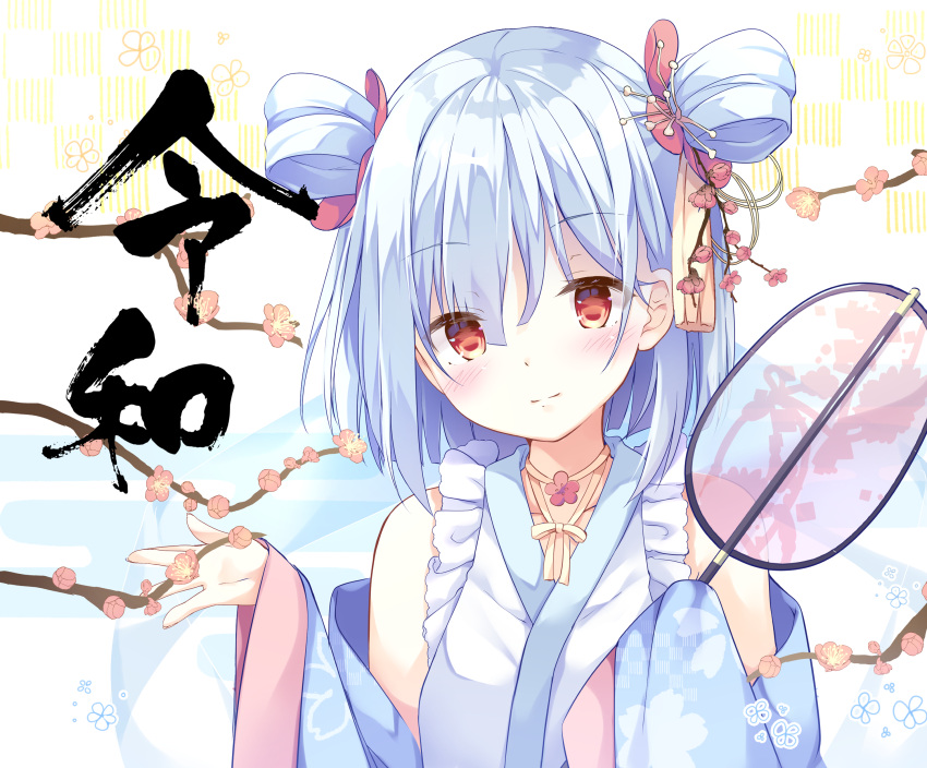 1girl absurdres bangs bare_shoulders blue_hair blue_sleeves blush closed_mouth collarbone detached_sleeves eyebrows_visible_through_hair floral_print flower hair_between_eyes hair_flower hair_ornament hands_up head_tilt highres holding japanese_clothes kimono kinokomushi long_sleeves original print_sleeves red_eyes red_flower reiwa sleeveless sleeveless_kimono sleeves_past_fingers sleeves_past_wrists smile solo translated tree_branch two_side_up upper_body white_kimono